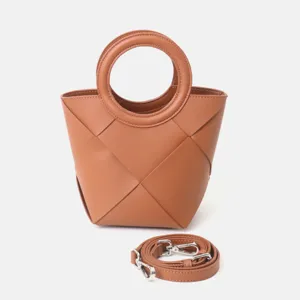 Brown woven PU leather handbag with circular handle and detachable strap, stylish design.