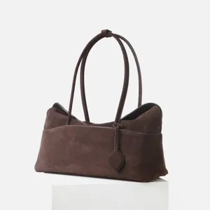 Sac à épaule en daim marron foncé, sac oreiller rétro navette, sac à main haut de gamme