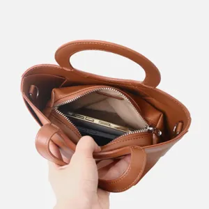 Brown PU leather handbag tote bag casual daily messenger bag interior capacity detail view