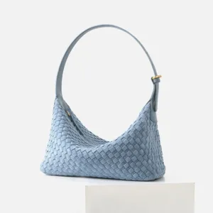 Sac porte epaule hobo en cuir tisse bleu clair pour femmes, sac elegant style decontracte.
