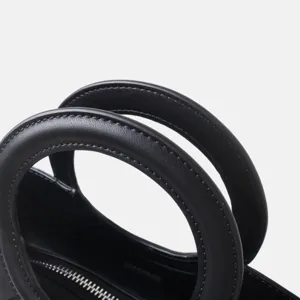 Close-up of black leather handbag handles with neat stitching and zipper detail, elegant style.