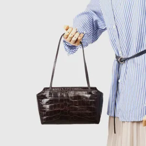 Dark brown crocodile embossed leather shoulder bag detail, premium texture and fine stitching.