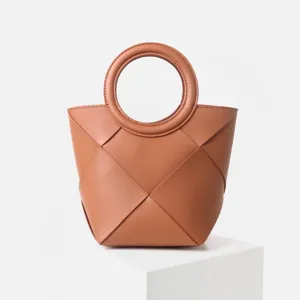 Brown woven leather handbag, geometric top-handle tote bag for women daily fashion