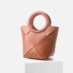 Brown woven leather handbag with round handle stylish geometric tote bag for women daily use