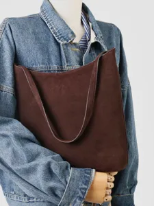 Sac cabas epaule en suede marron, grande capacite sac minimaliste pour travail quotidien.