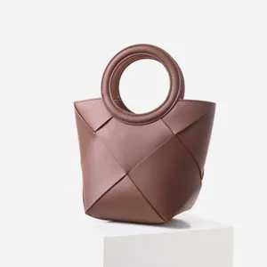 Brown woven leather handbag stylish geometric tote bag with round handle for women.
