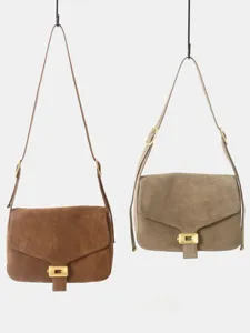 Sac bandoulière en daim femme sacoche à rabat rétro polyvalent avec serrure en métal marron.