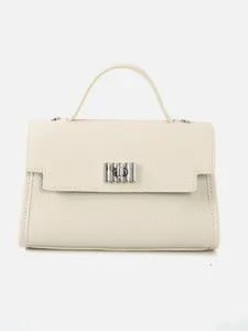 Sac à main chic en cuir beige avec fermoir métallique, élégant sac porté épaule femme.