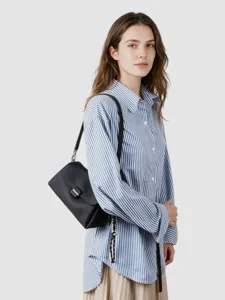 Elegante bolso de hombro negro de cuero genuino para mujer, bolso suave de piel.