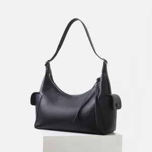 Bolso de hombro de cuero negro para mujer, gran capacidad, estilo hobo flexible y bolsillos.
