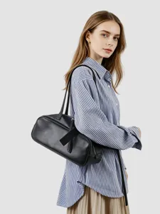 Bolso tipo bowling de cuero negro para mujer, gran bolso de hombro, elegante bolso de axila.