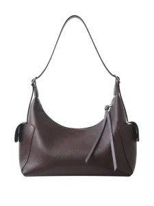 Bolso de hombro marrón oscuro en cuero genuino, elegante bolso hobo con bolsillos laterales.