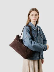 Sac à épaule en daim marron pour femme rétro fourre-tout élégant minimaliste sac sous bras