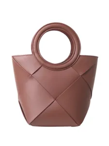 Chic brown woven leather handbag with round handle, elegant geometric design for casual style.