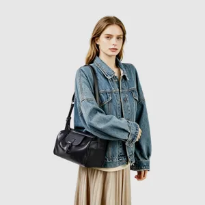 Bolso de hombro de cuero genuino negro, elegante bolso cruzado de piel para mujer.