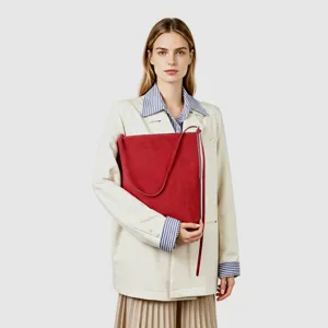 Borsa secchiello in camoscio rosso, grande shopper spalla, borsa casual da lavoro.