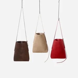 Borsa a secchiello minimalista in pelle scamosciata, grande borsa a spalla per il lavoro.