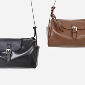 Bolso de hombro de cuero genuino, elegante bolso tipo almohada en negro y marrón.