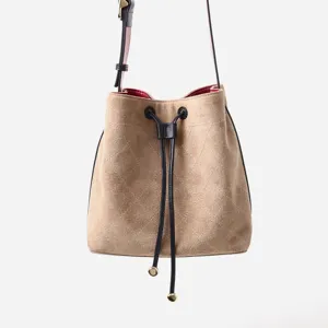 Bolso cubo acolchado de ante para mujer, elegante bolso bandolera con cierre de cordón.