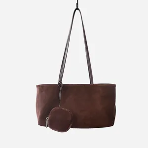 Bolso de hombro hobo de ante marrón para mujer, bolso grande de trabajo con pequeño monedero.