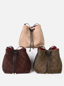 Bolso Balde Acolchado de Ante para Mujer Bolso de Hombro de Cuero con Cordón Elegante