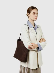 Borsa tote marrone minimalista da donna, grande borsa a secchiello per lavoro quotidiano.