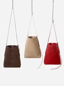 Borsa a secchiello minimalista in camoscio, grande borsa a spalla per il lavoro quotidiano.