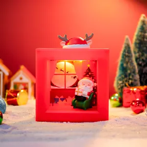 Christmas Square Night Light Santa Claus Miniature Landscape Desktop Ornament Red LED Festive Warm Lamp Home Decor Gift
