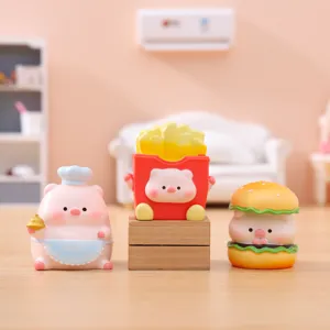 Cute cartoon pink pig resin miniature figurine set, perfect desktop and car decoration.