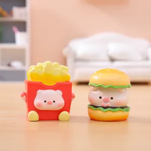 Cute cartoon resin pig mini figurine set, fast food burger and french fries desktop decor.