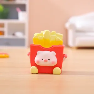 Cute resin pig french fries box figurine detail, miniature car dashboard decor ornament.