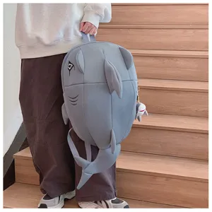 Grey shark backpack cute monster design school bag casual daypack for students and teens