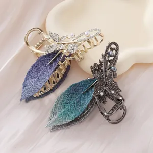 Grande Pince à Cheveux Crabe en Alliage pour Femmes Broderie Vintage Feuille Strass Papillon Perle Artificielle Accessoire Élégant