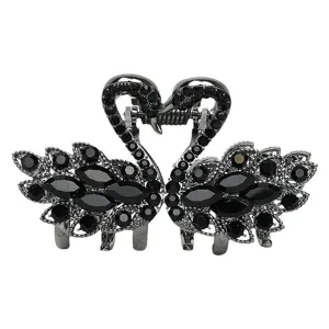 Pince à cheveux cygne noir strass, barrette requin en cristal exquis pour coiffure élégante.