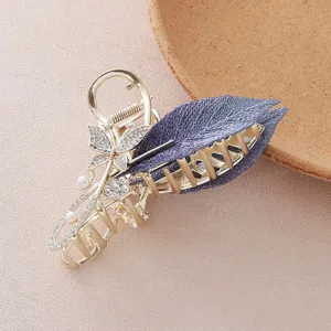 Grande pince a cheveux papillon strass feuille brodee pour femmes pince requin metal mode