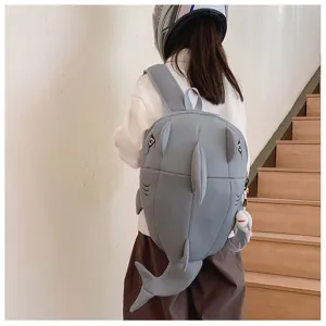 Cute grey shark backpack with 3D fins and tail, large capacity school bag for students and riding.