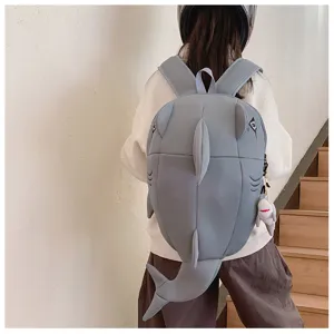 Grey shark shaped creative backpack, cute student school bag with 3D fins and tail details.