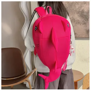 Cute pink shark backpack for students, large capacity 3D animal school bag with tail.
