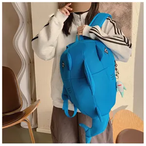 Cute 3D shark shape backpack for students, novelty blue animal school bag with pendant