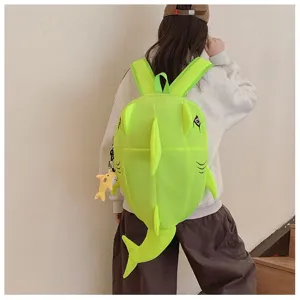 Cute neon green shark backpack for students, funny cartoon monster casual school daypack.