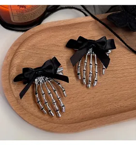 Pinces à cheveux squelette nœud gothique vintage, barrettes bec de canard style sombre.