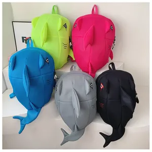 Cute shark shaped student backpack detail view showing colorful mesh school bags with fins.
