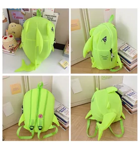 Cute dinosaur shark backpack multi-angle detail view, breathable mesh fabric large capacity bag.
