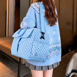 Light blue polka dot travel duffel bag, casual shoulder weekender bag with spacious capacity.
