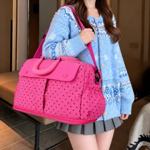 Large capacity travel duffel bag, pink polka dot lightweight luggage for short trips and gym.