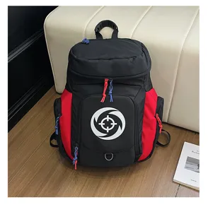 Sac à dos de sport multifonctionnel grande capacité en noir et rouge pour étudiants et entraînement.