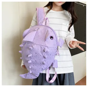 Lila Cartoon Hai Rucksack Detailansicht, Sternenmuster süße Schultasche, Freizeit.