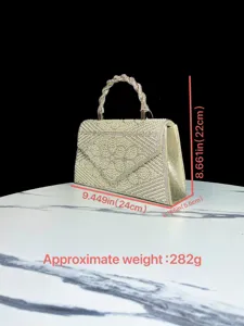 Detailed view of the elegant pearl rhinestone evening bag with dimensions and weight specs.