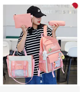 Canvas school backpack set for students, pink multi-piece cute book bag with shoulder bag.