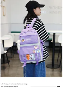 Detail view of the Japanese style canvas backpack in light purple with cute pins and pendant.
